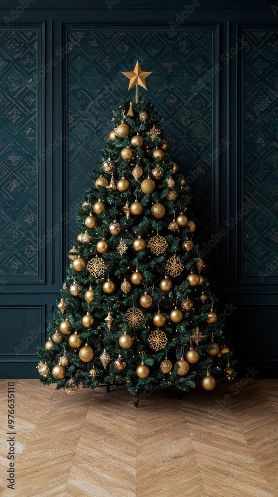 Fototapeta premium Gold Christmas Tree Decorated with Ornaments and Lights on Herringbone Wood Floor