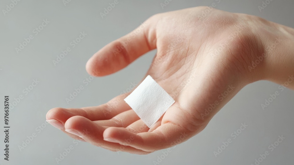 Close-up of a doctor's hand carefully placing a bandage on a small wound Close-up of a doctor's hand carefully placing a bandage on a small wound