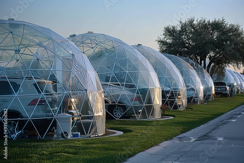A row of domes with cars parked inside