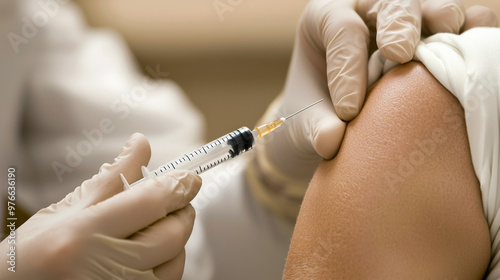 Detailed shot of a syringe delivering a flu shot into a patient's arm photo