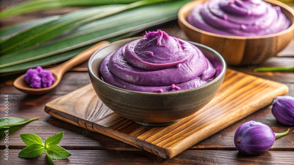Rich and vibrant purple taro paste, prized in Asian confections and potables, has a sumptuous and creamy consistency, Rich and vibrant purple taro paste, prized in Asian confections and potables, has a sumptuous and creamy consistency,