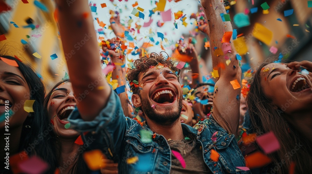Obraz premium A group of friends in mid-laughter, celebrating with a flurry of multicolored confetti. Their cheerful expressions and the vibrant backdrop reflect the exuberance of their joyful gathering. realistic