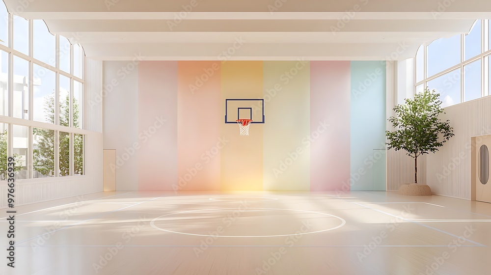 An avant-garde basketball court with shifting holographic court designs and glowing hoops An avant-garde basketball court with shifting holographic court designs and glowing hoops
