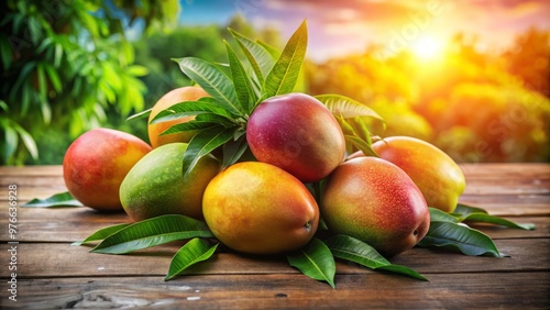 Ripe mangoes bursting with color rest on a weathered wooden table, stems still fresh and green, bathed in