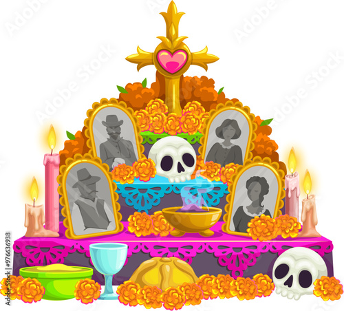 Mexican cartoon day of the dead dia de los muertos ofrenda altar adorned with traditional offerings, like marigold flowers, candles, skulls, food, golden cross and framed photos of deceased ancestors