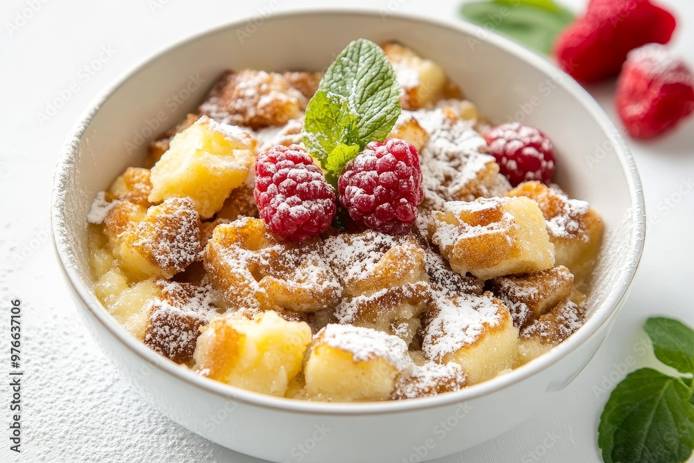 Kaiserschmarrn, a classic German dessert, consists of fluffy, torn-up pancakes, dusted with powdered sugar and served with fresh raspberries and a sprig of mint. Kaiserschmarrn, a classic German dessert, consists of fluffy, torn-up pancakes, dusted with powdered sugar and served with fresh raspberries and a sprig of mint.