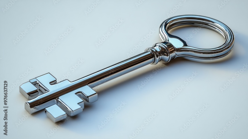 A shiny metallic key resting on a flat surface. A shiny metallic key resting on a flat surface.