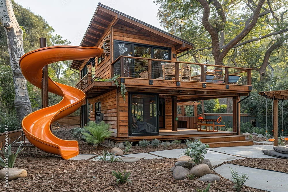 A large house with a slide on the side A large house with a slide on the side