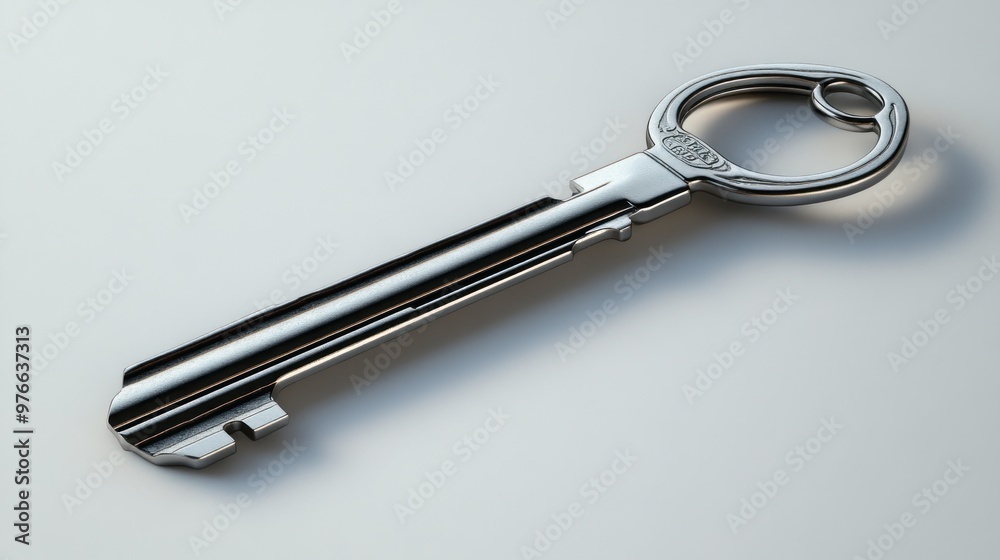 A shiny metal key lying on a smooth surface. A shiny metal key lying on a smooth surface.