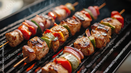 Sizzling meats and vibrant vegetables grilling on a smoky barbecue, perfect for a summer family