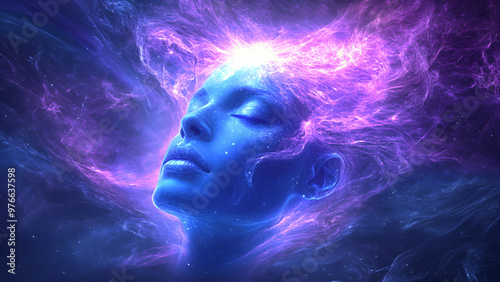 Dreaming in Cosmic Waves, timage depicts a serene face immersed in swirling clouds of blue and purple, evoking a sense of peaceful transcendence. The ethereal colour and textures suggest a connection 