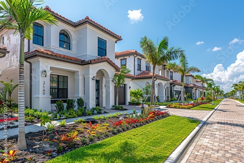 A row of houses with a white roof and red trim