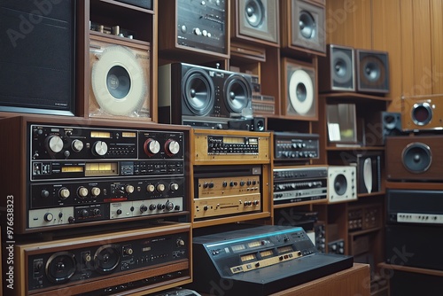 A collection of vintage audio gear, including tape recorders and floor standing floor models