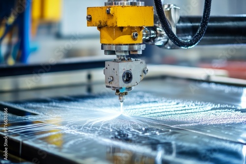 Precision Water Jet Cutting Machine in Industrial Setting, showcasing advanced manufacturing technology, water jet cutter, precision cutting, metalworking, and industrial automation. photo