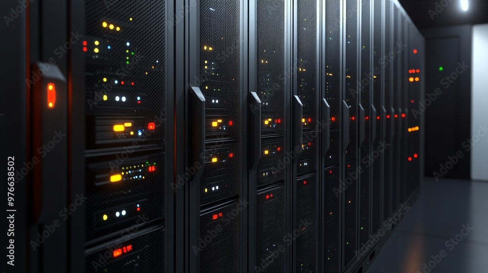 Rows of server racks in a data center with blinking lights, symbolizing technology, data storage, connectivity, digital infrastructure, and the power of computing. Rows of server racks in a data center with blinking lights, symbolizing technology, data storage, connectivity, digital infrastructure, and the power of computing.