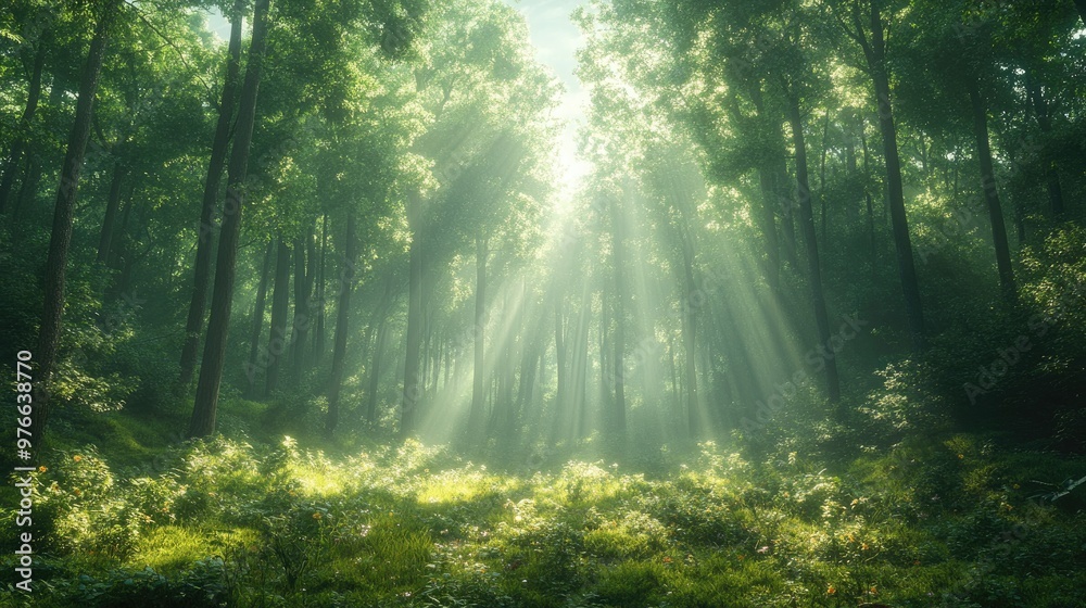 Obraz premium Breathtaking Forest Scene with Light Filtering Through Trees Perfect for Nature Blogs and Environmental Awareness Campaigns