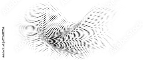 Flowing Wave Dot Halftone Pattern: Curve Gradient Shape on Transparent Background. Suitable for AI, Tech, Network, Digital, Science, and Technology Themes.