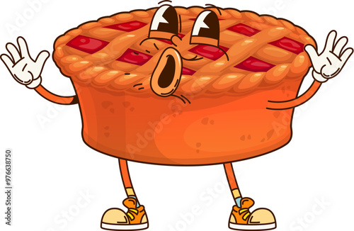 Cartoon groovy pumpkin pie thanksgiving character with cheerful smile celebrating autumn holiday. Isolated vector traditional festive pastry treat, quirky baked pie personage ready for seasonal feast