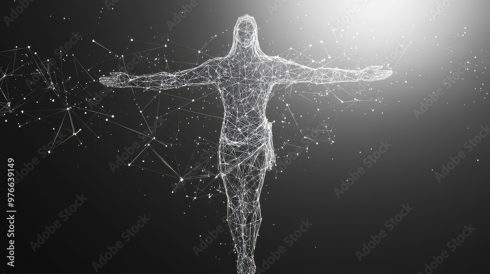Polygonal depiction of Christ. Vector illustration featuring mesh spheres formed from floating particles. Thin line design in a metallic low poly wireframe structure. Religious concept. Polygonal depiction of Christ. Vector illustration featuring mesh spheres formed from floating particles. Thin line design in a metallic low poly wireframe structure. Religious concept.