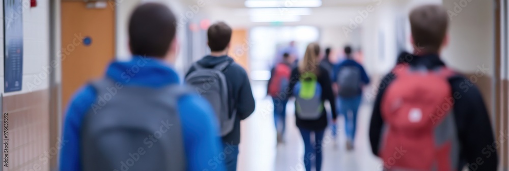 Fototapeta premium A line of students walks through a brightly lit school hallway, each carrying backpacks, reflecting the daily routine and vibrant atmosphere of educational life.