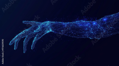 Process Management. Isolated blue male figure touching an arm and puzzle piece. Teamwork control concept in a polygonal style on a dark blue background. Vector low-poly wireframe illustration, made up