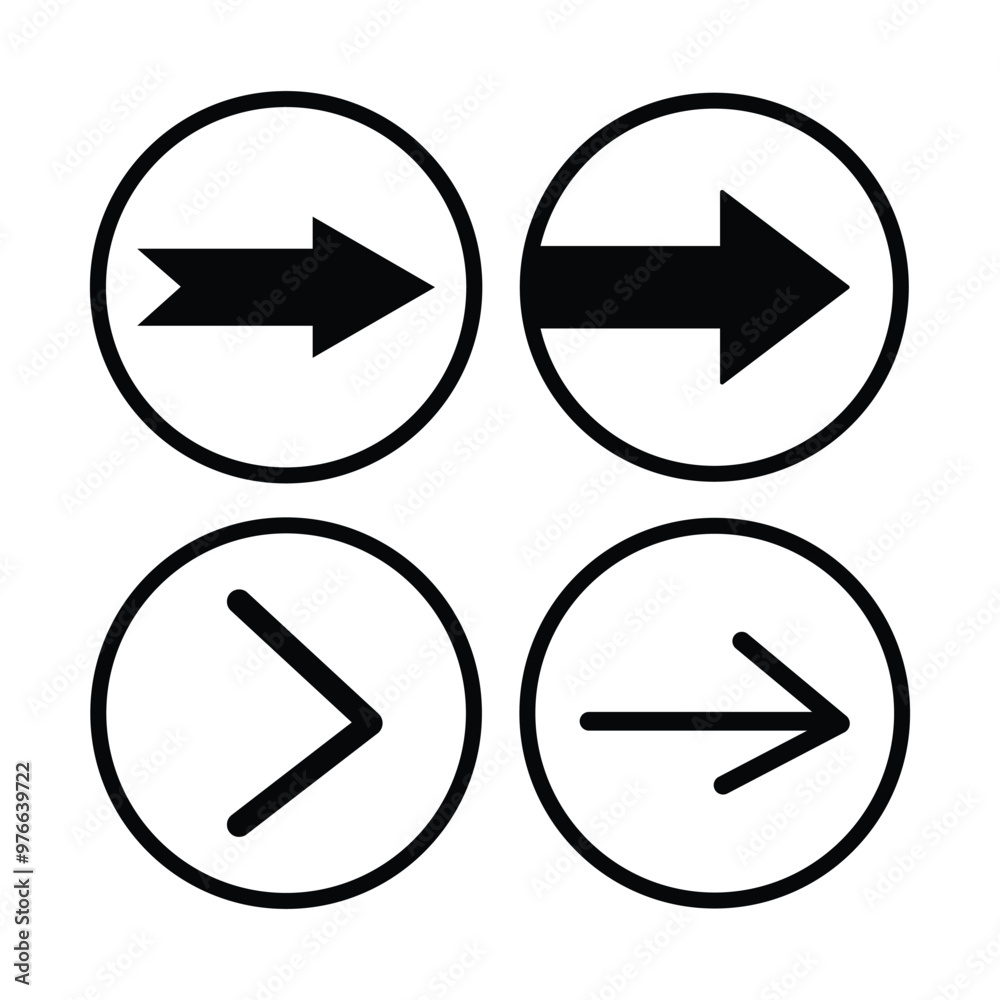 Arrow right icons. Set of arrows in a circle, button with arrow isolated on white background. Vector illustration. eps 10 Arrow right icons. Set of arrows in a circle, button with arrow isolated on white background. Vector illustration. eps 10