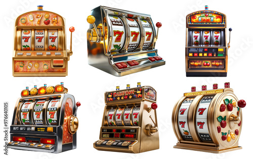 Vintage style slot machines with detailed designs isolated on transparent background