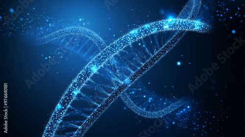 Abstract design featuring a DNA molecule helix and spiral wave on a blue background. Represents medical science, genetic biotechnology, and chemistry biology. Vector illustration highlighting DNA gene