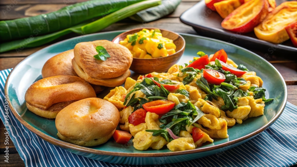 Sweet and savory, ackee and saltfish entices with creamy eggs, partnered by crispy fried plantains and tender callaloo. Sweet and savory, ackee and saltfish entices with creamy eggs, partnered by crispy fried plantains and tender callaloo.