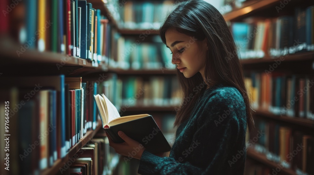Young Woman Reading Book in Library, Concept of Education, Knowledge and Self Improvement Young Woman Reading Book in Library, Concept of Education, Knowledge and Self Improvement