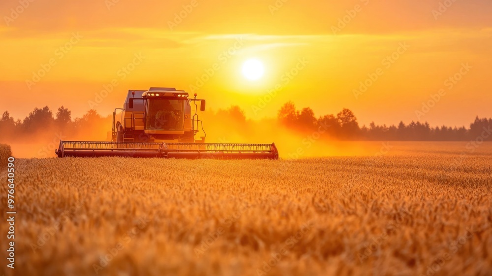 Naklejka premium Combine harvester harvesting wheat field at sunset, Agriculture, farming, harvest concept