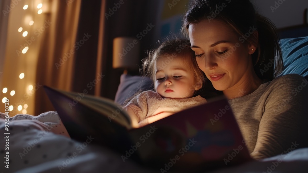 Mother and child reading bedtime story together by cozy firelight Mother and child reading bedtime story together by cozy firelight