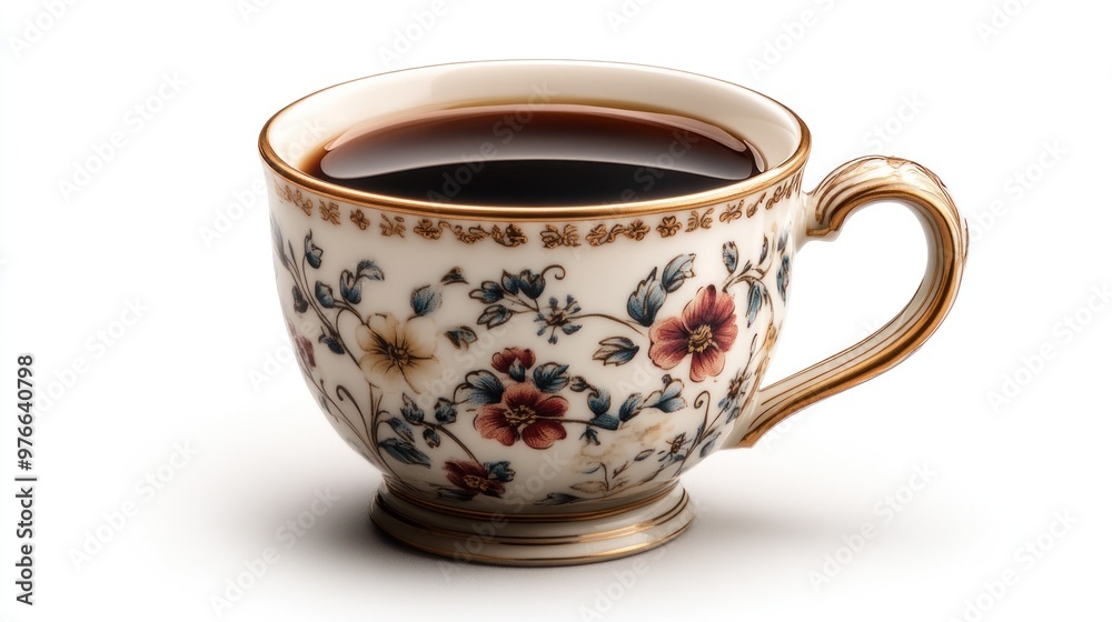 Elegant floral cup filled with dark coffee. Elegant floral cup filled with dark coffee.