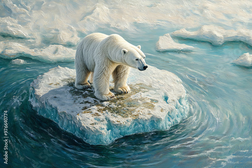 A solitary polar bear standing on a melting ice floe, surrounded by blue arctic waters, highlighting the effects of climate change.