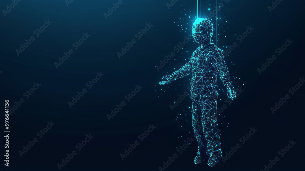 Puppet. Marionette controlled by strings. Low poly wireframe vector illustration on a dark blue background. Concept of addiction and lack of freedom. Represents an inanimate object or figure animated Puppet. Marionette controlled by strings. Low poly wireframe vector illustration on a dark blue background. Concept of addiction and lack of freedom. Represents an inanimate object or figure animated