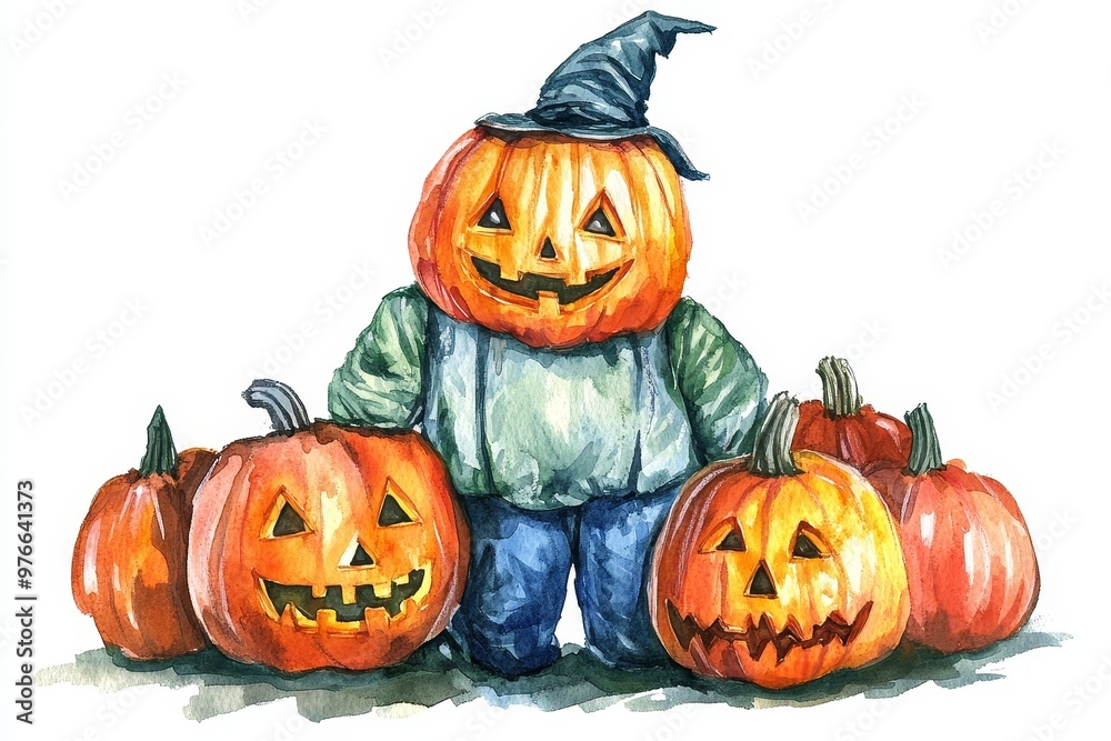 Watercolor illustration of a pumpkin man in a witch hat, surrounded by smaller pumpkins. A perfect Halloween decoration for your home, cards, or social media. Watercolor illustration of a pumpkin man in a witch hat, surrounded by smaller pumpkins. A perfect Halloween decoration for your home, cards, or social media.
