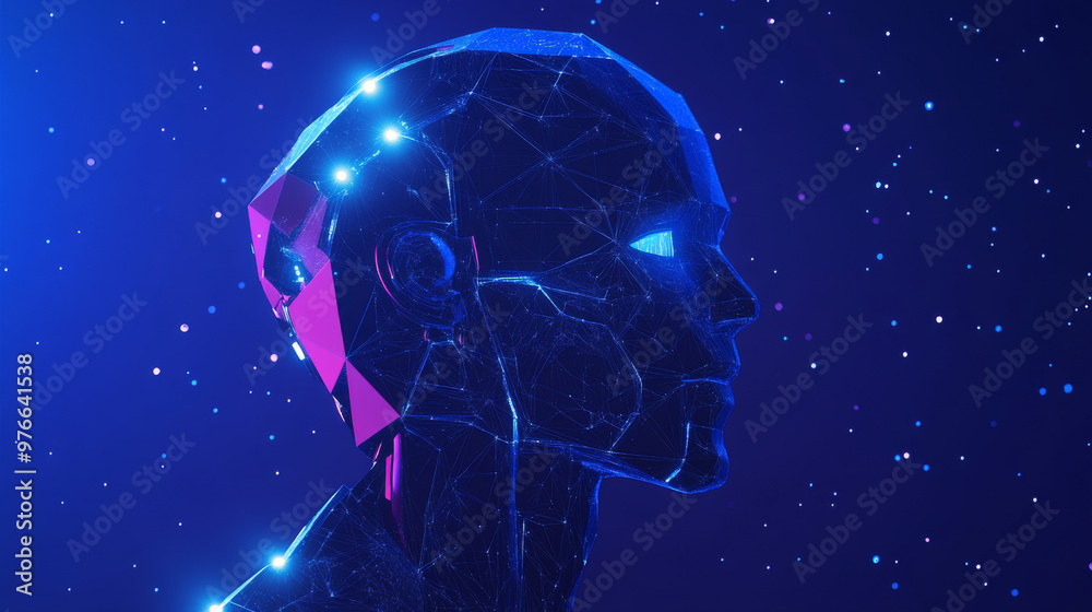 Robot. Artificial Intelligence. Side view of the head in low poly blue. Abstract polygonal science illustration with a starry sky or space theme. Vector image of a cyborg in RGB color mode. Robot. Artificial Intelligence. Side view of the head in low poly blue. Abstract polygonal science illustration with a starry sky or space theme. Vector image of a cyborg in RGB color mode.