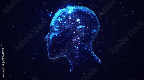 Robot. Artificial Intelligence. Side view of the head in low poly blue. Abstract polygonal science illustration with a starry sky or space theme. Vector image of a cyborg in RGB color mode.