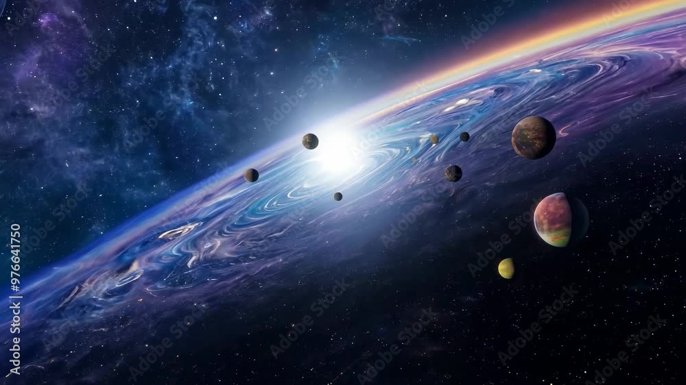 A vivid depiction of outer space featuring several planets orbiting in front of a distant star, with cosmic swirls and nebulae.
