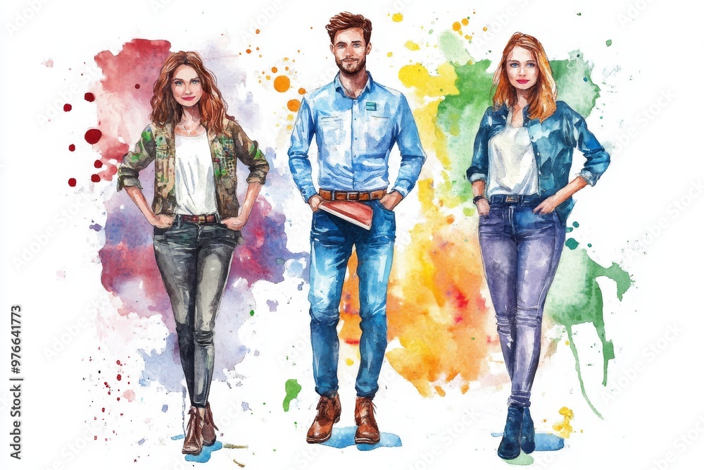 Naklejka premium Watercolor illustration of three sales representatives, symbolizing success, teamwork, diversity, confidence, and professionalism.