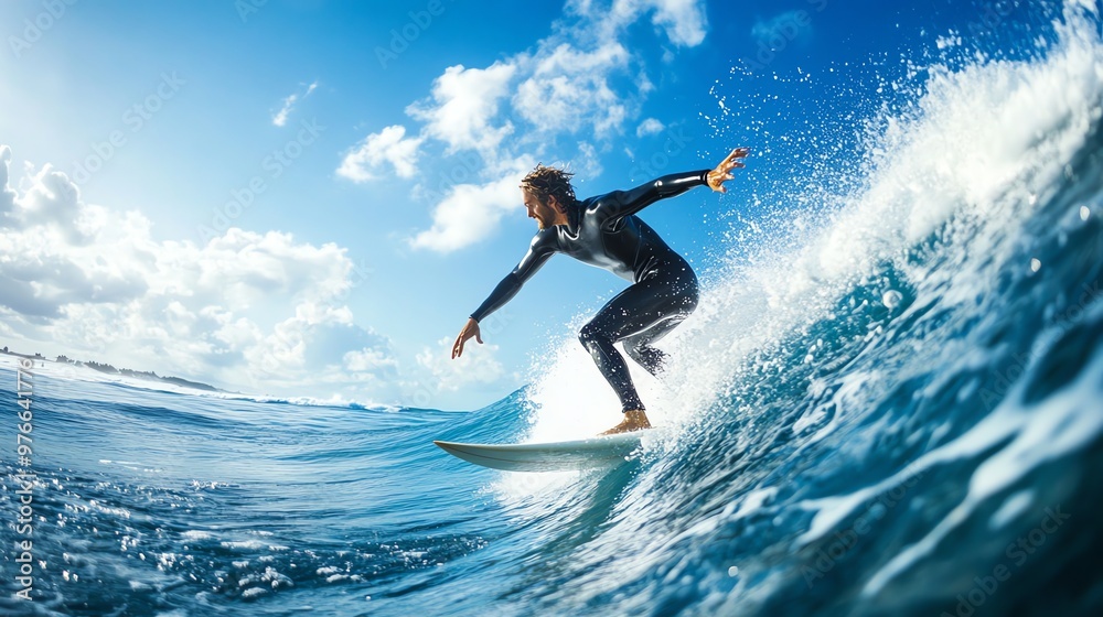 A surfer rides a wave on a bright sunny day with a blue sky and white clouds. A surfer rides a wave on a bright sunny day with a blue sky and white clouds.