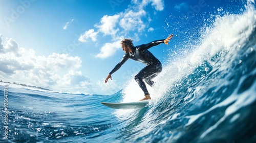 A surfer rides a wave on a bright sunny day with a blue sky and white clouds.