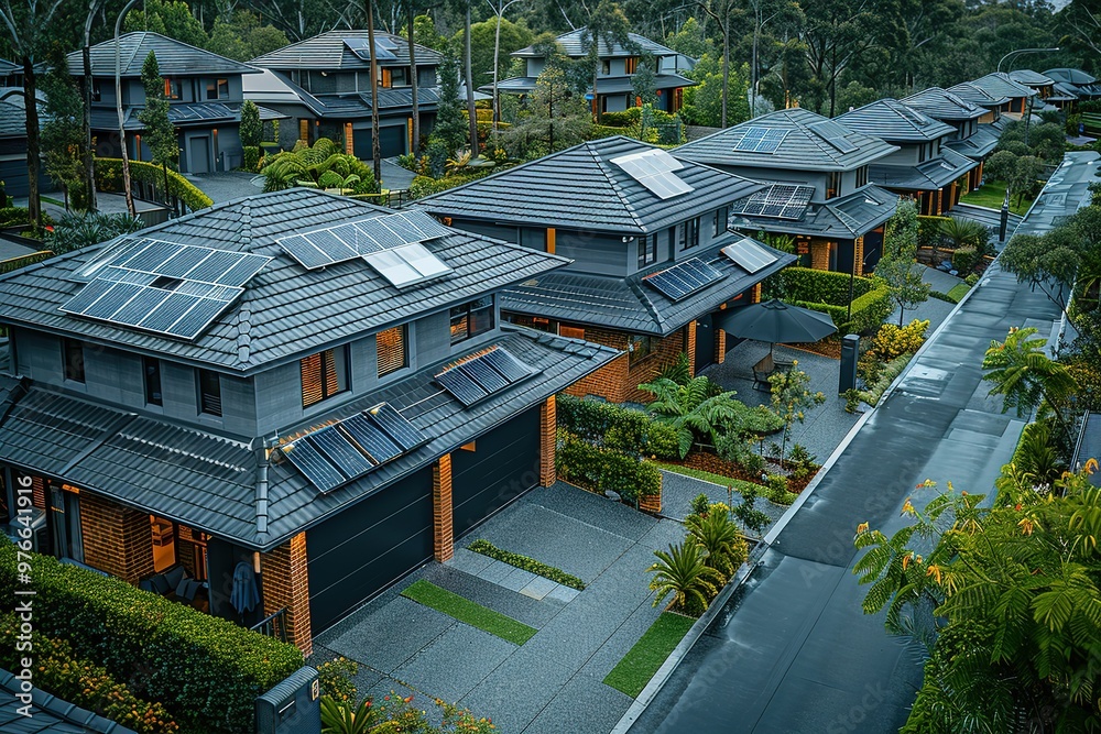A row of houses with solar panels on the roofs A row of houses with solar panels on the roofs
