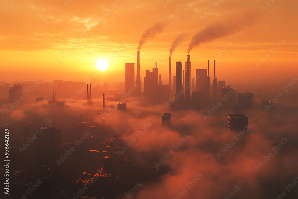 Sunrise over a cityscape with industrial factories and thick smog, symbolizing pollution and environmental impact of urbanization. Sunrise over a cityscape with industrial factories and thick smog, symbolizing pollution and environmental impact of urbanization.