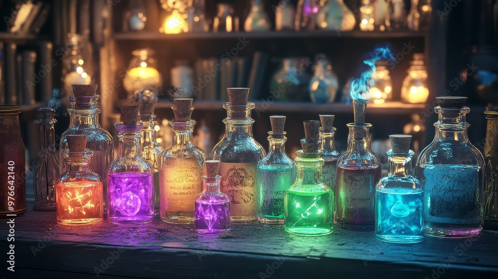 Magical Potion Bottles on Alchemist's Shelf Magical Potion Bottles on Alchemist's Shelf