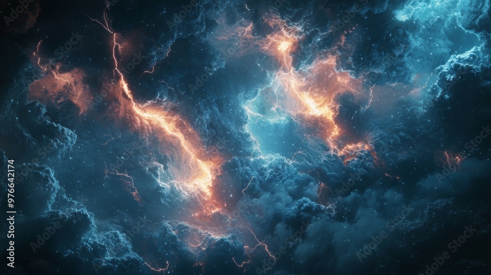 Dark storm clouds with intense lightning, the atmosphere charged with energy and danger Dark storm clouds with intense lightning, the atmosphere charged with energy and danger
