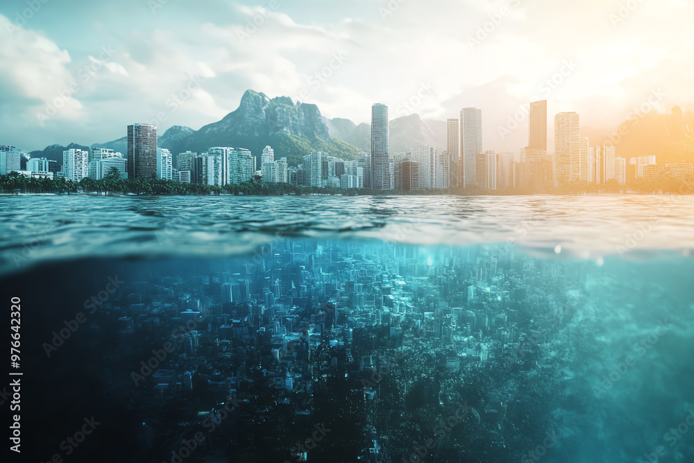 Naklejka premium A breathtaking view of a city skyline with underwater elements, mountain background, and sunset, blending urban and natural beauty.