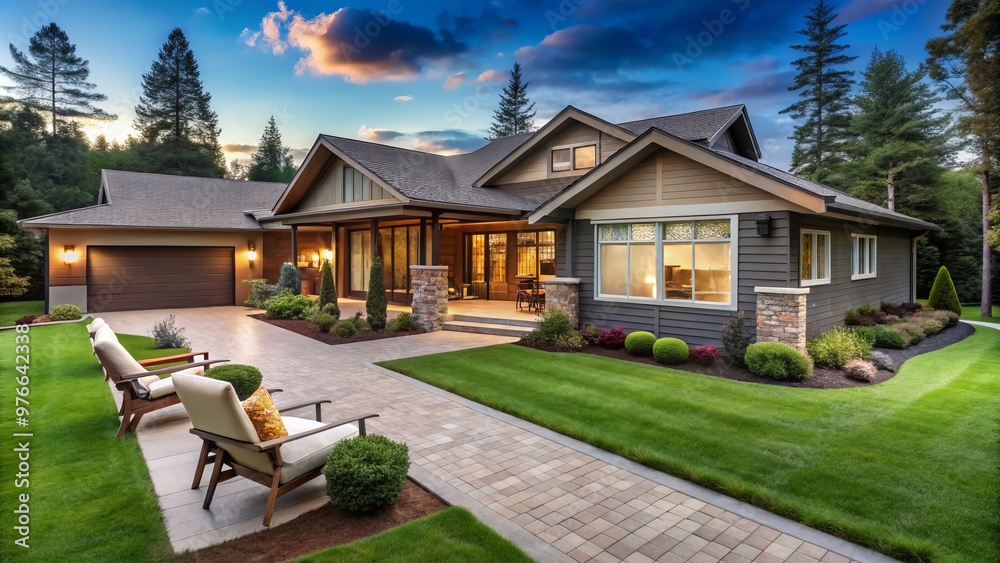 The modern ranch house boasts a spacious front area, complemented by a charming outdoor sitting space and meticulously The modern ranch house boasts a spacious front area, complemented by a charming outdoor sitting space and meticulously
