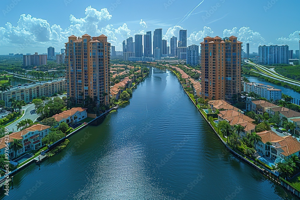 Fototapeta premium A city with a river running through it and a bridge over the water