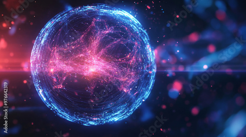 Abstract background featuring an energy sphere with bright glowing particles, resembling an atom of energy. The design conveys a scientific, futuristic, and high-tech aesthetic.